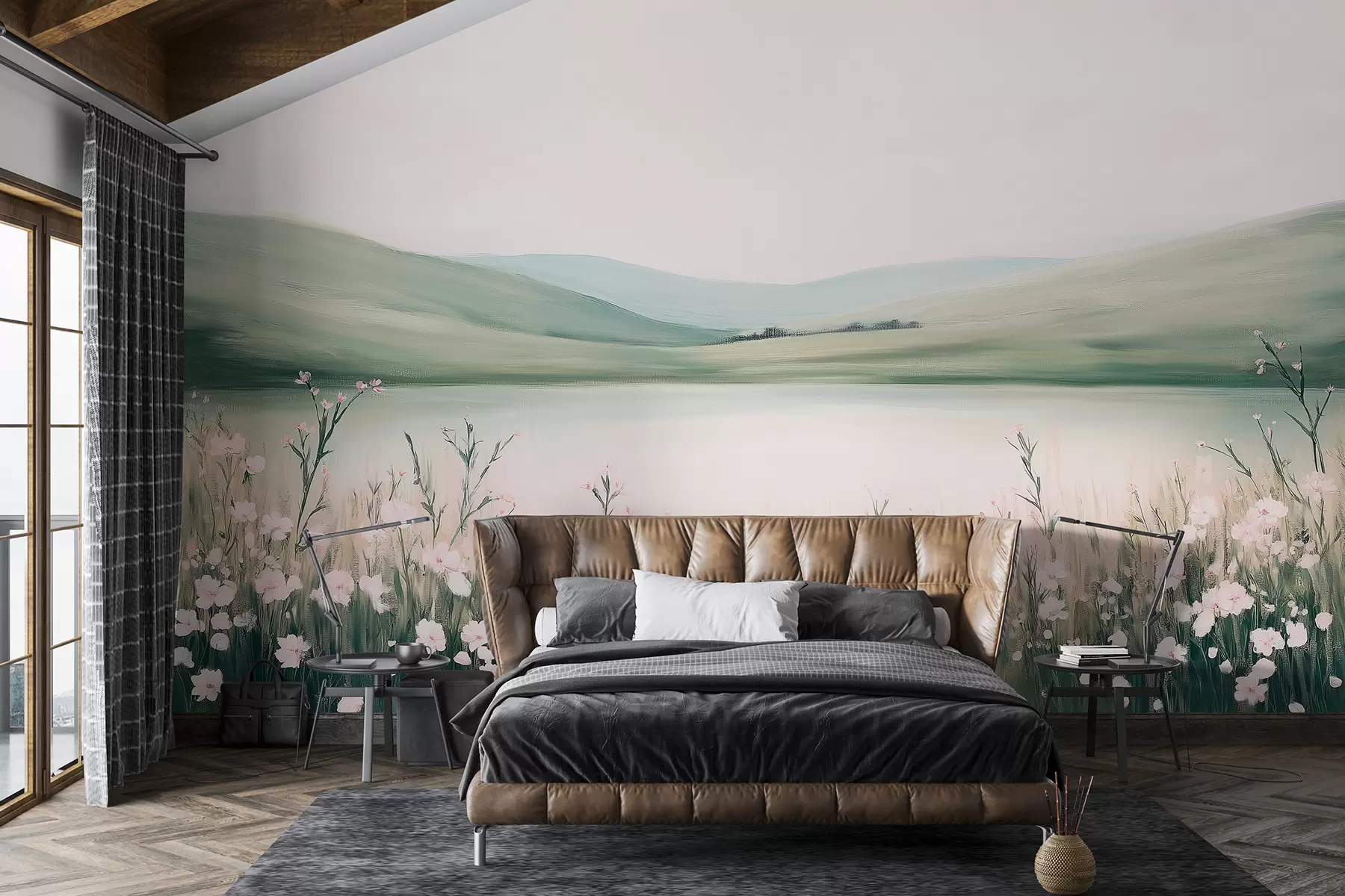 Fototapet Blomsteräng, naturlandskap, sjö, rosa blommor, gröna kullar w01387