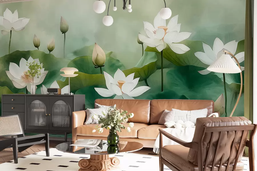 Fototapet Lotus i sjön, natur, dimma, akrylteckning, stora löv, djungel, mjuka naturliga färger w01450