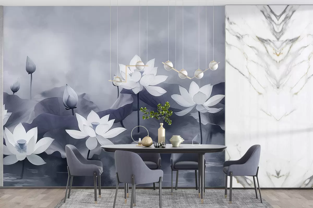 Fototapet Lotus i sjön, natur, dimma, akrylteckning, stora löv, djungel, mjuka grå färger w01450v1