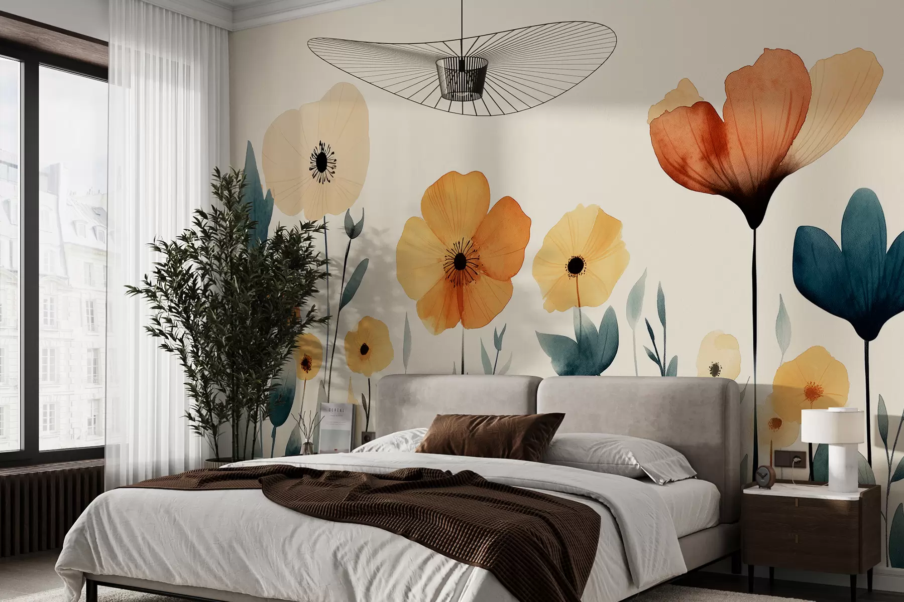 Fototapet Akvarell ängsblommor, rustik, blommig sammansättning, enkel ritning, beige, orange, blå  w01453