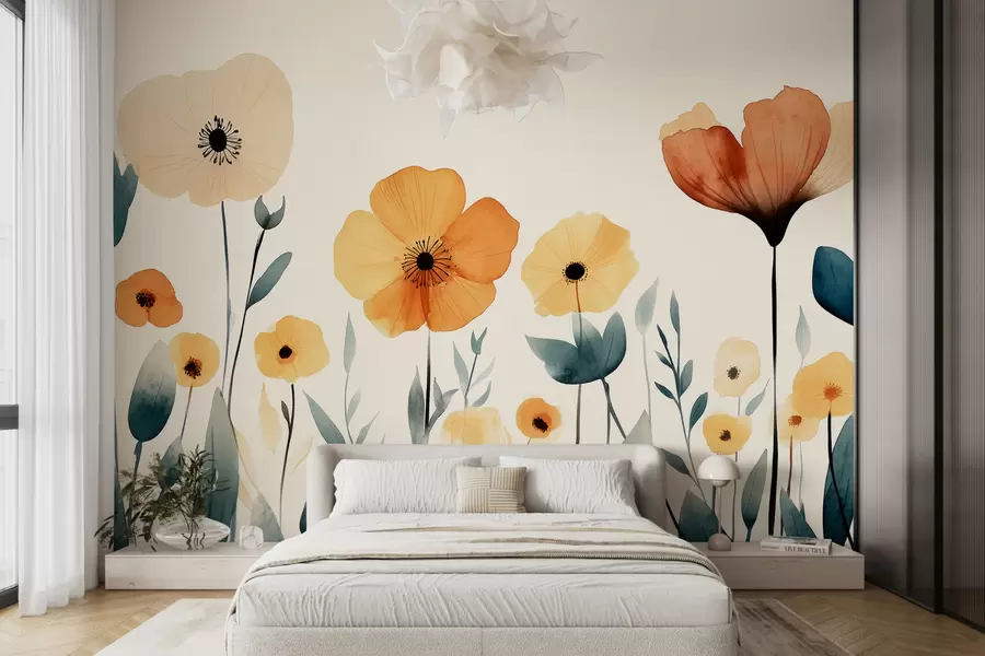 Fototapet Akvarell ängsblommor, rustik, blommig sammansättning, enkel ritning, beige, orange, blå  w01453