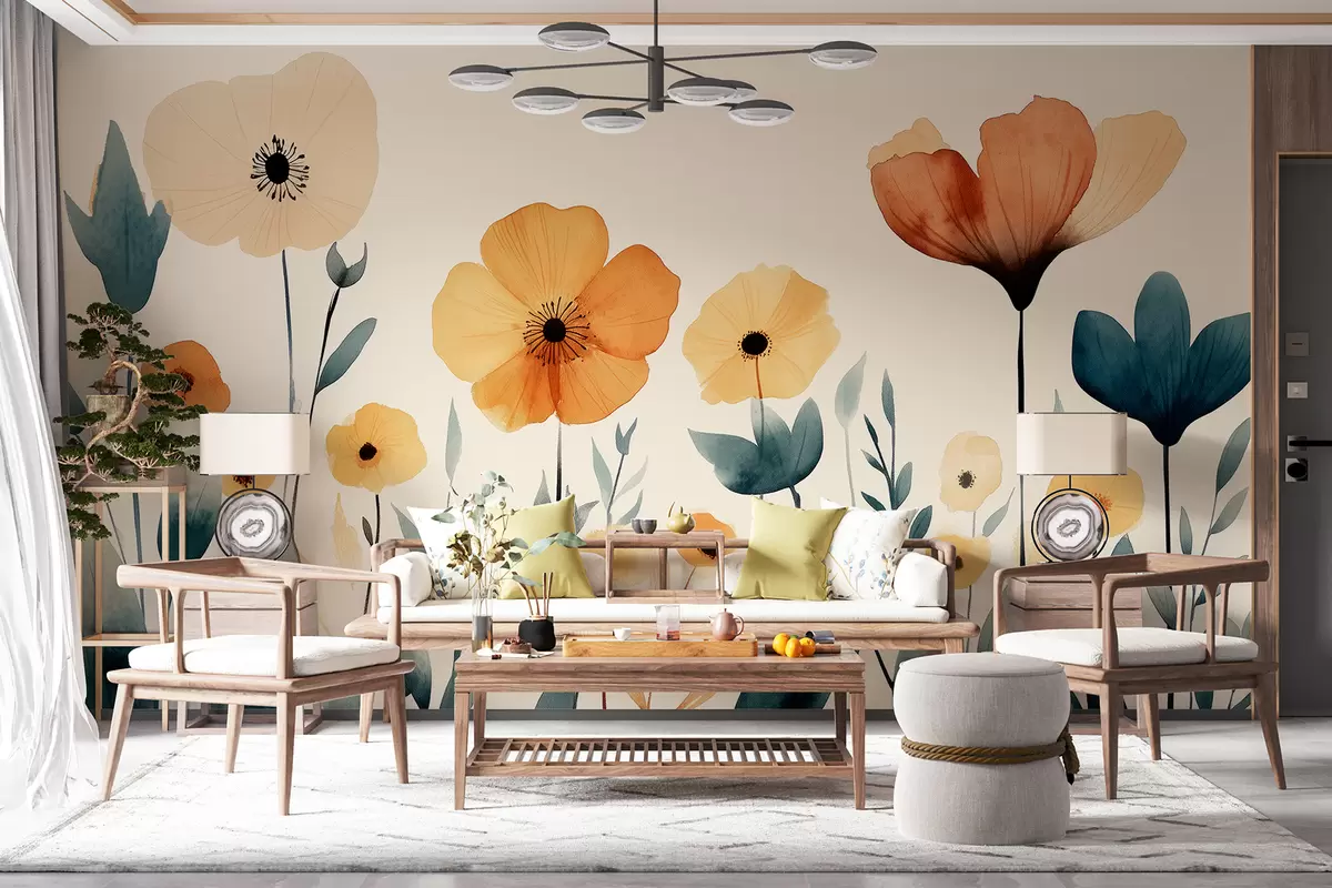 Fototapet Akvarell ängsblommor, rustik, blommig sammansättning, enkel ritning, beige, orange, blå  w01453