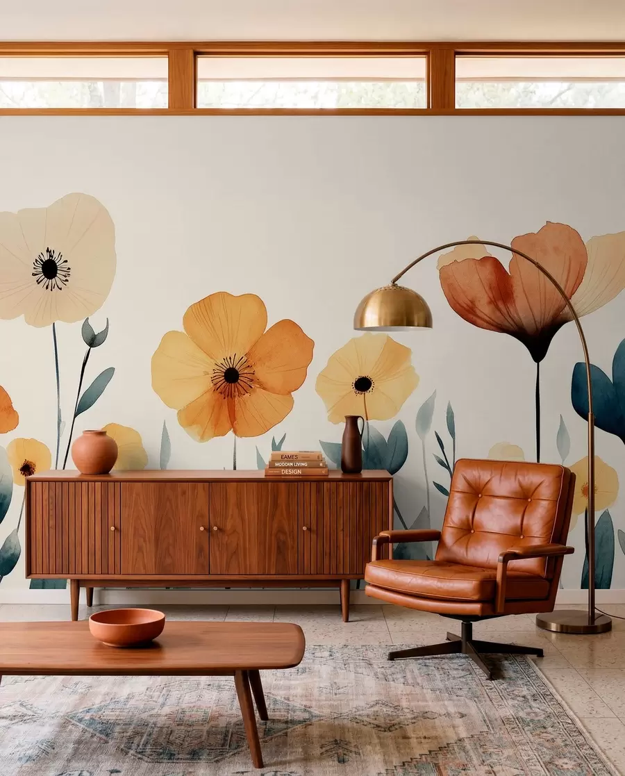 Fototapet Akvarell ängsblommor, rustik, blommig sammansättning, enkel ritning, beige, orange, blå  w01453