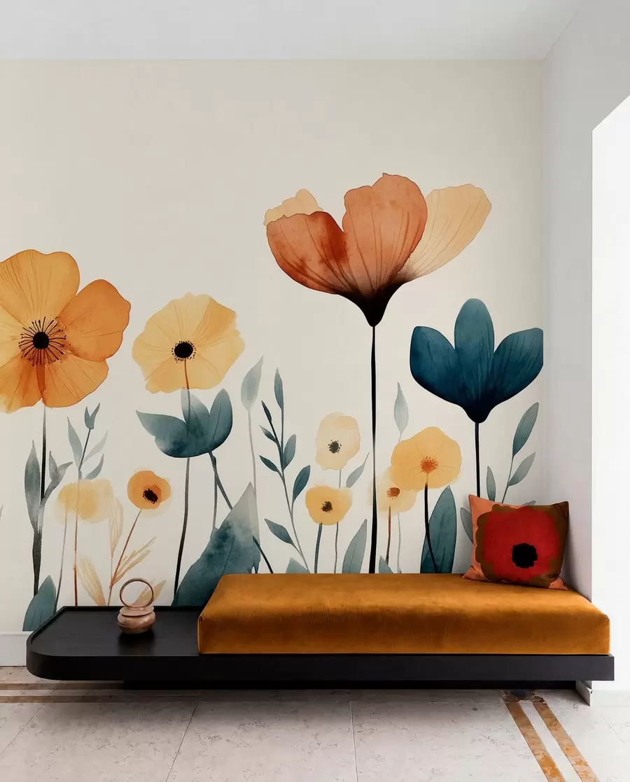 Fototapet Akvarell ängsblommor, rustik, blommig sammansättning, enkel ritning, beige, orange, blå  w01453