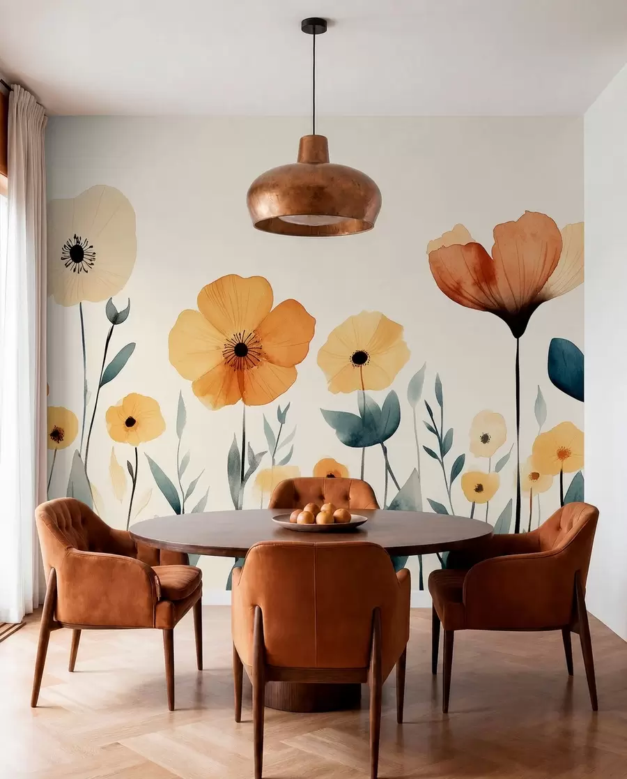 Fototapet Akvarell ängsblommor, rustik, blommig sammansättning, enkel ritning, beige, orange, blå  w01453