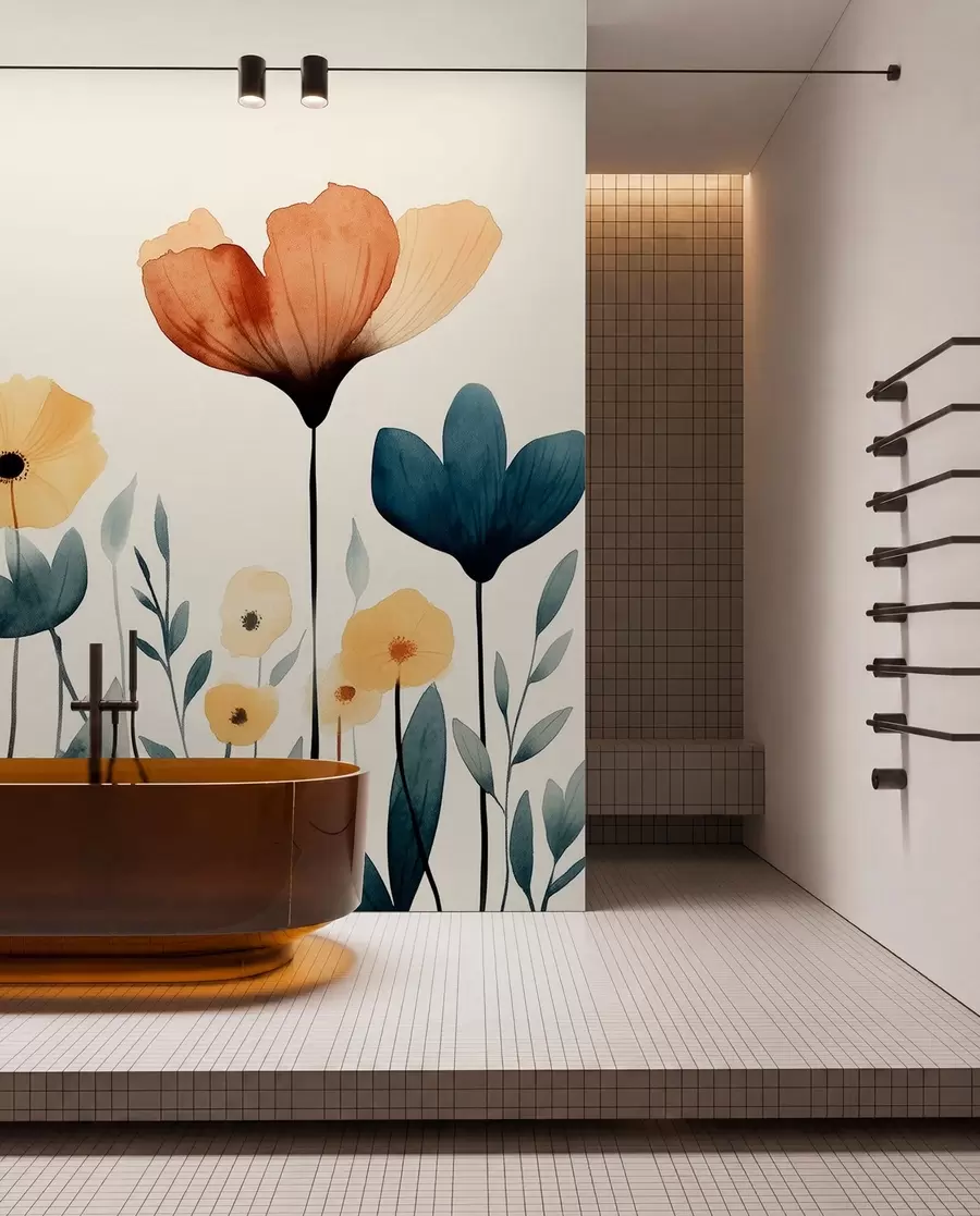 Fototapet Akvarell ängsblommor, rustik, blommig sammansättning, enkel ritning, beige, orange, blå  w01453
