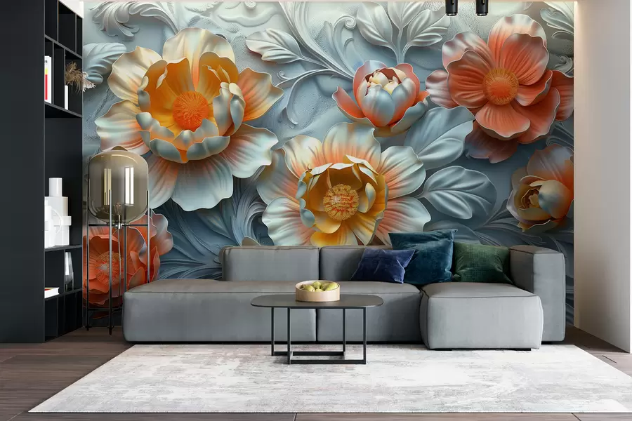 Fototapet 3D-illustration av abstrakta ljusa blommor i barockstil på en växtbakgrund w01427