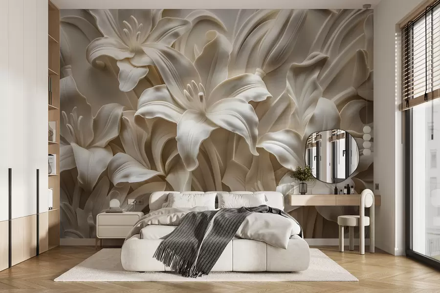 Fototapet Elegant beige 3d-relief av snidade liljor w01433