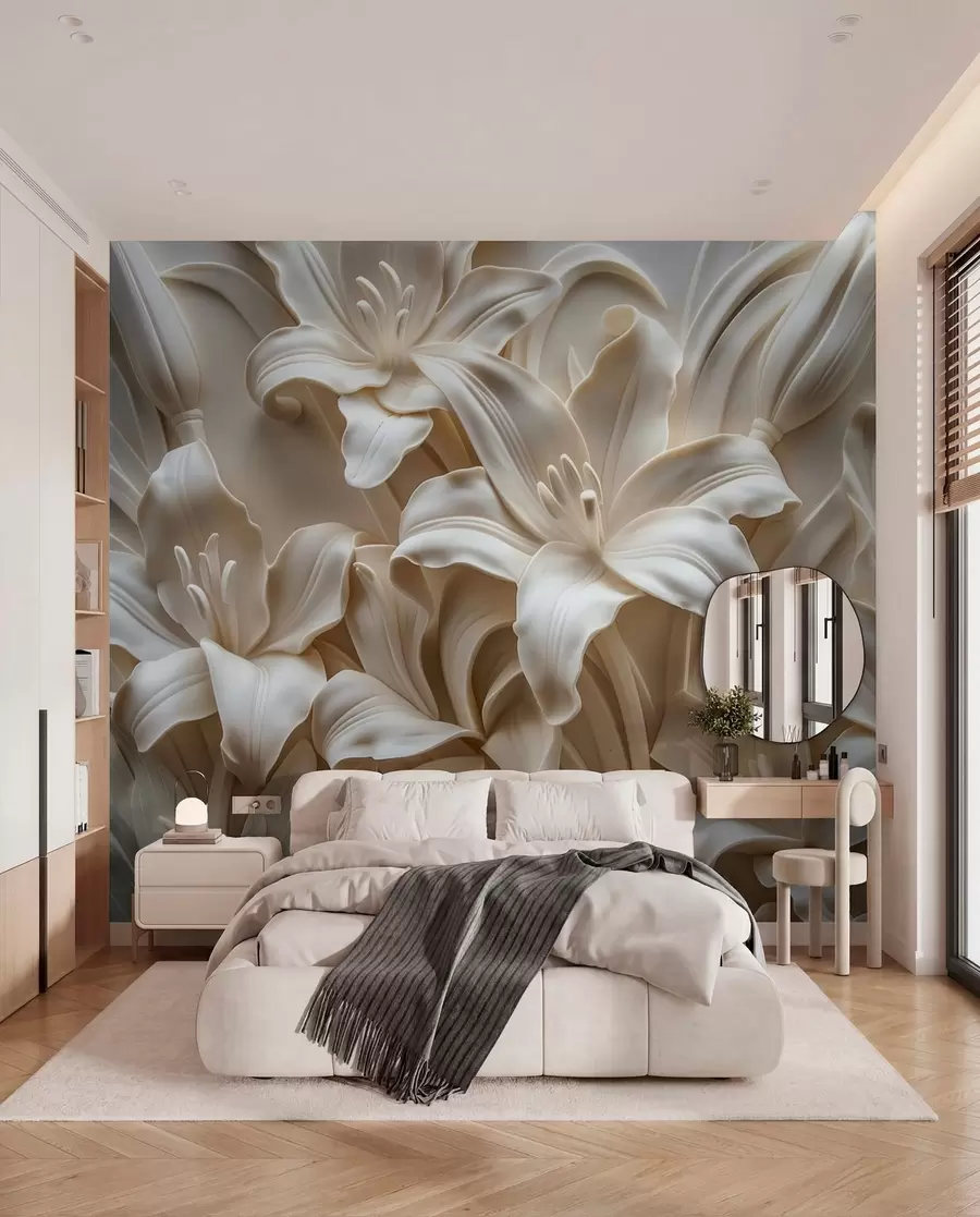 Fototapet Elegant beige 3d-relief av snidade liljor w01433