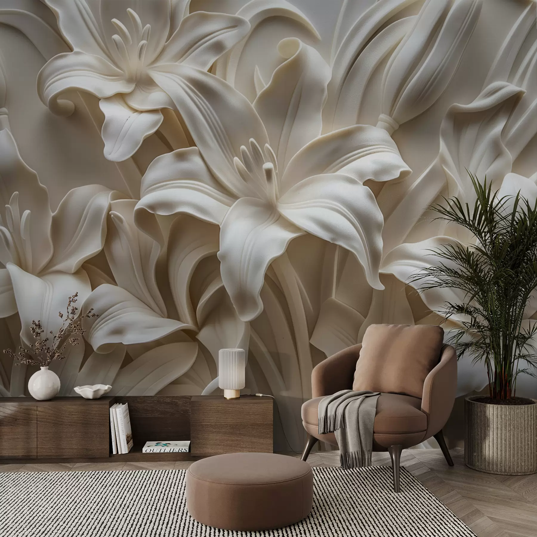 Fototapet Elegant beige 3d-relief av snidade liljor w01433
