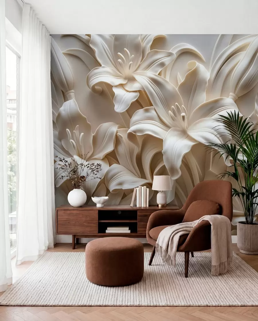 Fototapet Elegant beige 3d-relief av snidade liljor w01433