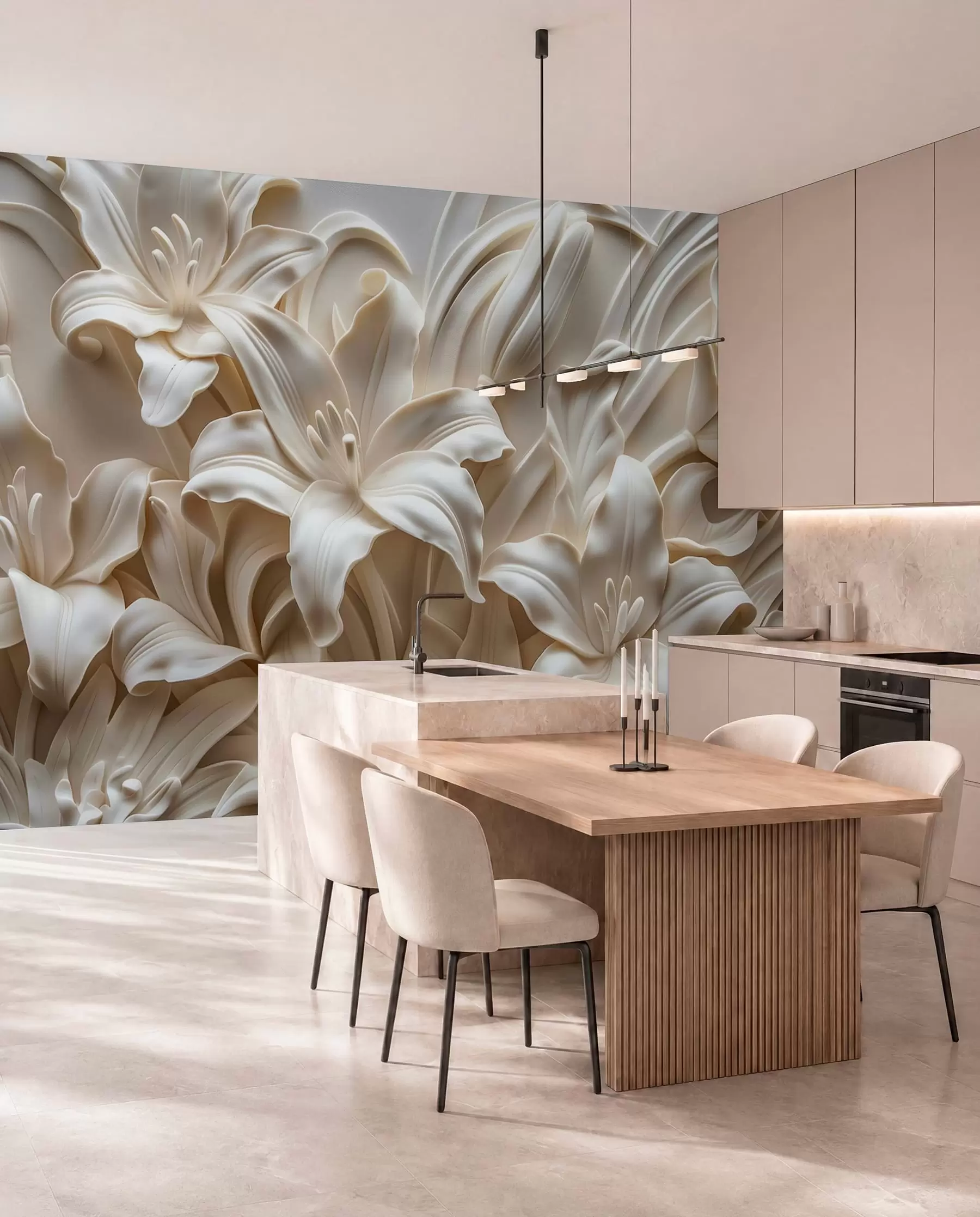 Fototapet Elegant beige 3d-relief av snidade liljor w01433