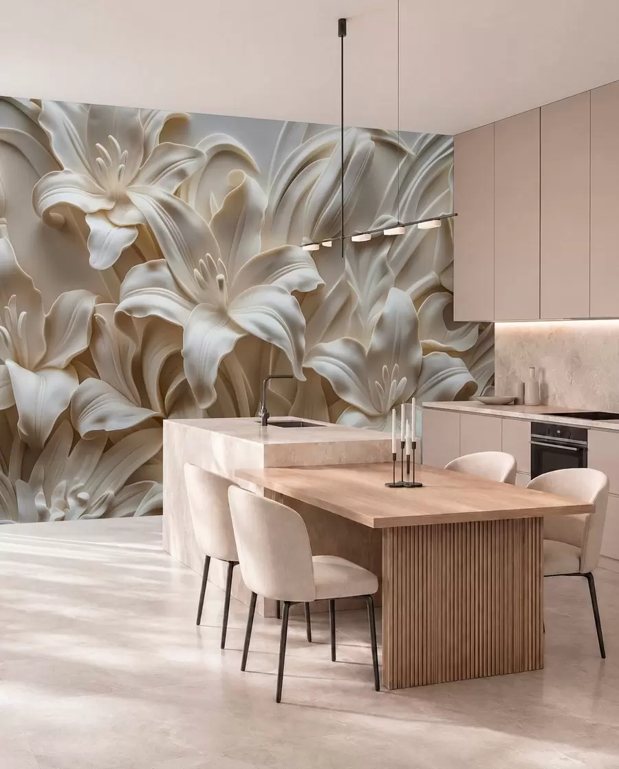 Fototapet Elegant beige 3d-relief av snidade liljor w01433