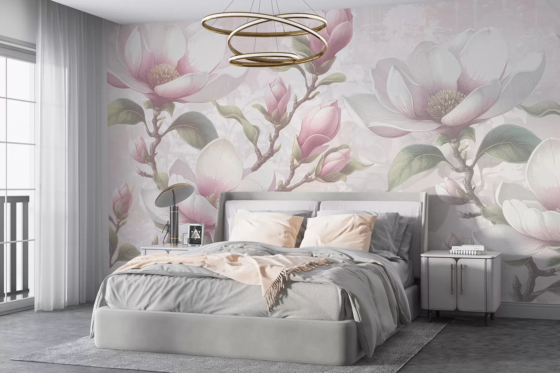 Fototapet Delikat rosa magnoliablommor i full blom mot en mjuk, suddig bakgrund w08216