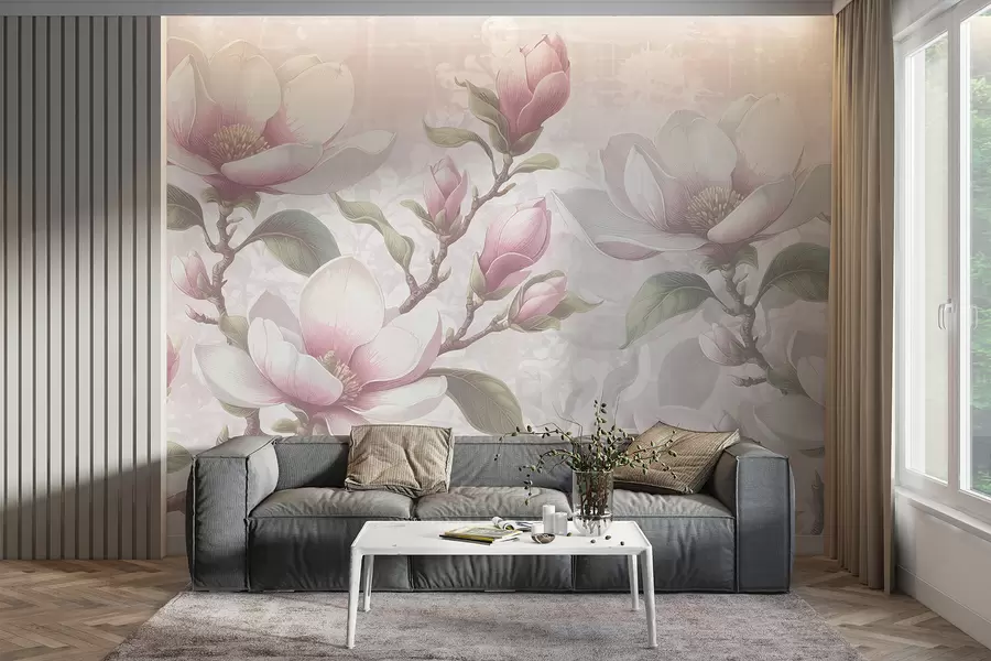 Fototapet Delikat rosa magnoliablommor i full blom mot en mjuk, suddig bakgrund w08216