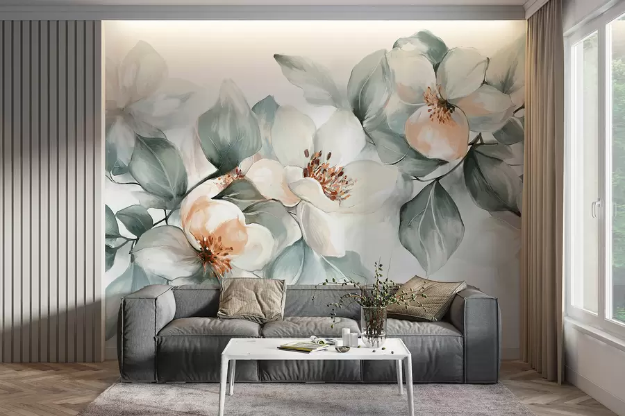 Fototapet Delikat vita och rosa magnoliablommor med mjuka gröna blad mot en ljus bakgrund w08220