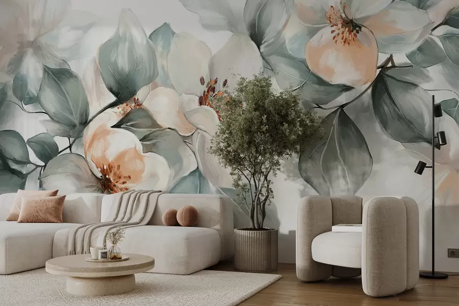 Fototapet Delikat vita och rosa magnoliablommor med mjuka gröna blad mot en ljus bakgrund w08220