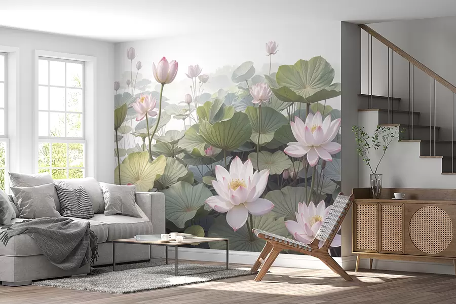 Fototapet Rosa och vita lotusblommor med stora gröna blad, omgivna av en dimmig, atmosfärisk bakgrund w08221