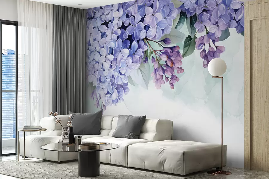 Fototapet Vibrerande lila hortensiablommor med gröna blad, fyller ramen mot en mjuk, suddig bakgrund w08223
