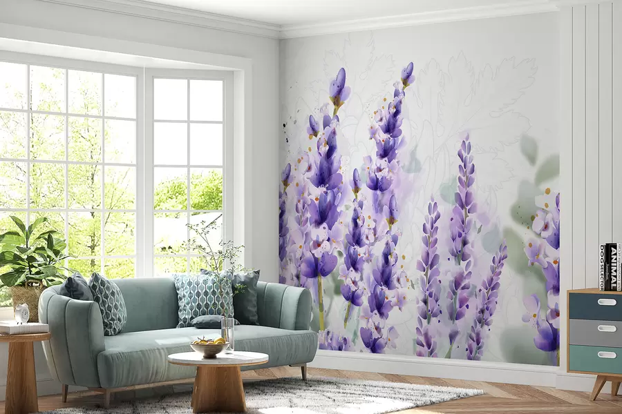 Fototapet Lila lavendelblommor i ett fält, med mjukt fokus och suddig bakgrund w08231