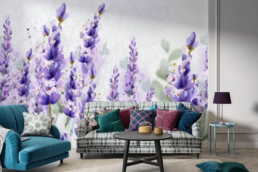 Fototapet Lila lavendelblommor i ett fält, med mjukt fokus och suddig bakgrund w08231