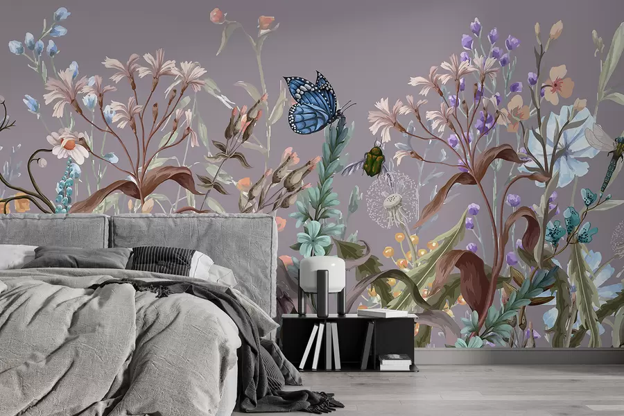 Fototapet En färgstark violett illustration av en frodig blomsterträdgårdsscen med insekter i en drömlik, fantastisk stil w08234v1