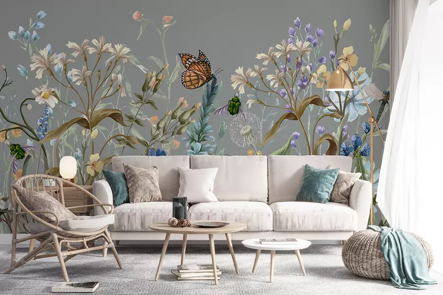 Fototapet En färgstark blå illustration av en frodig blomsterträdgårdsscen med insekter i en drömlik, fantastisk stil w08234