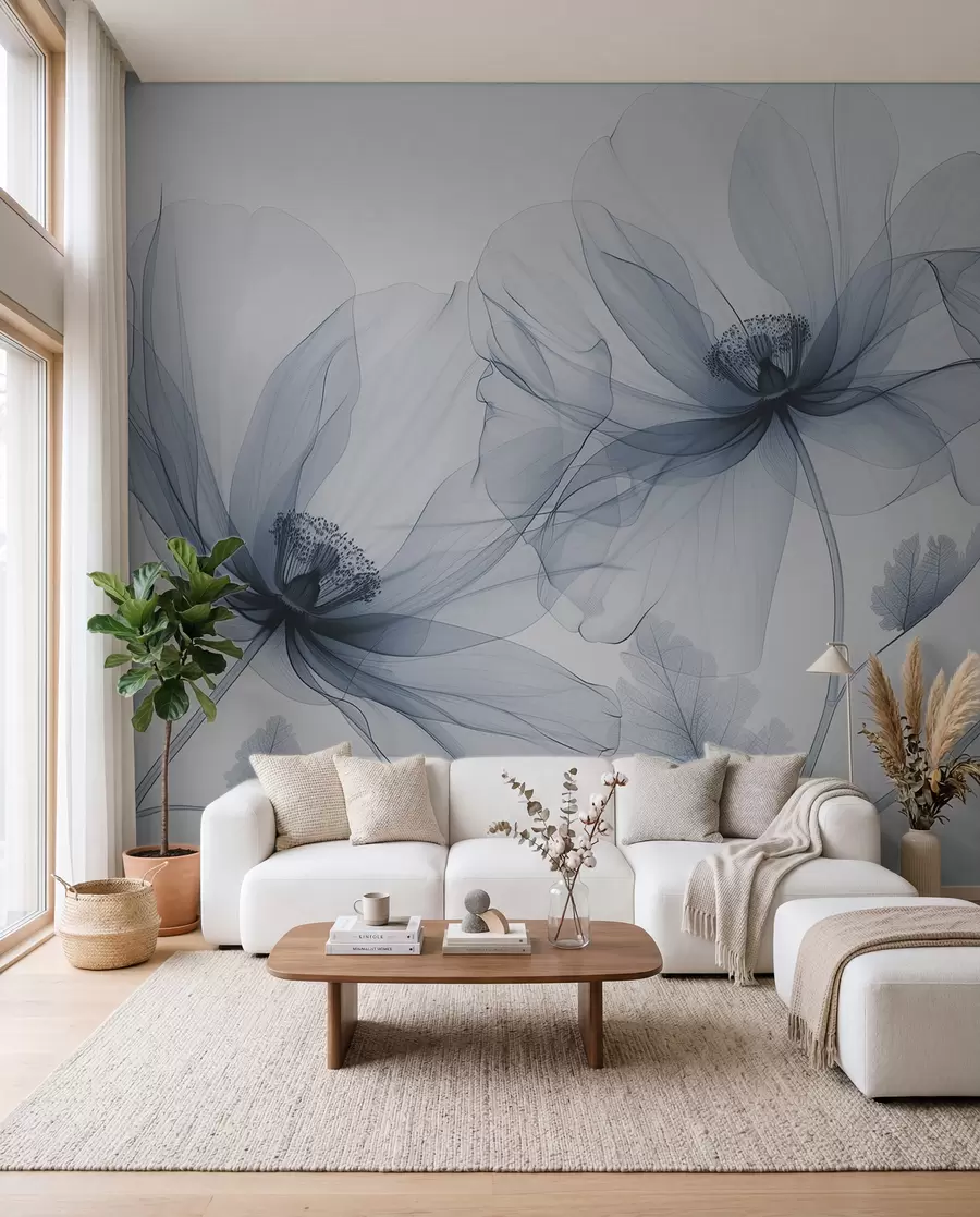Fototapet Blå genomskinlig blomma i röntgenstil på vit bakgrund Minimalistisk monokrom botanisk design w01482v1