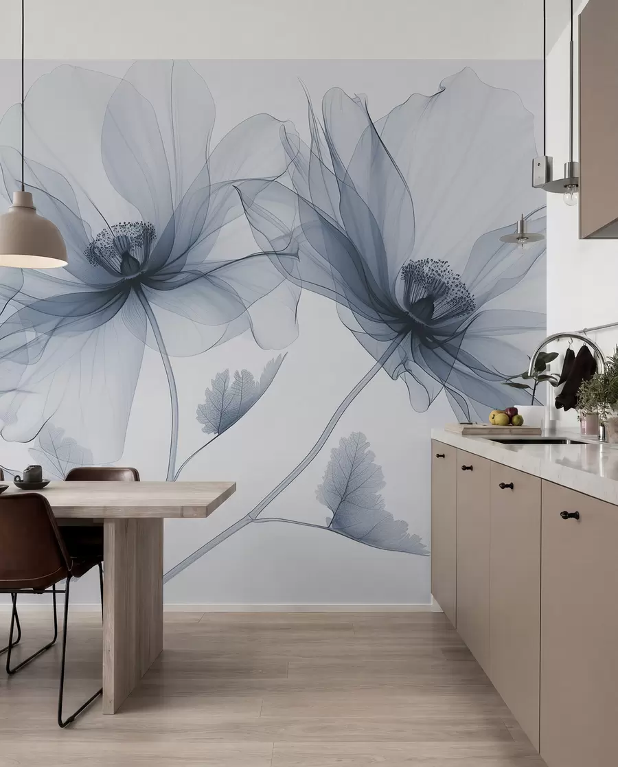 Fototapet Blå genomskinlig blomma i röntgenstil på vit bakgrund Minimalistisk monokrom botanisk design w01482v1