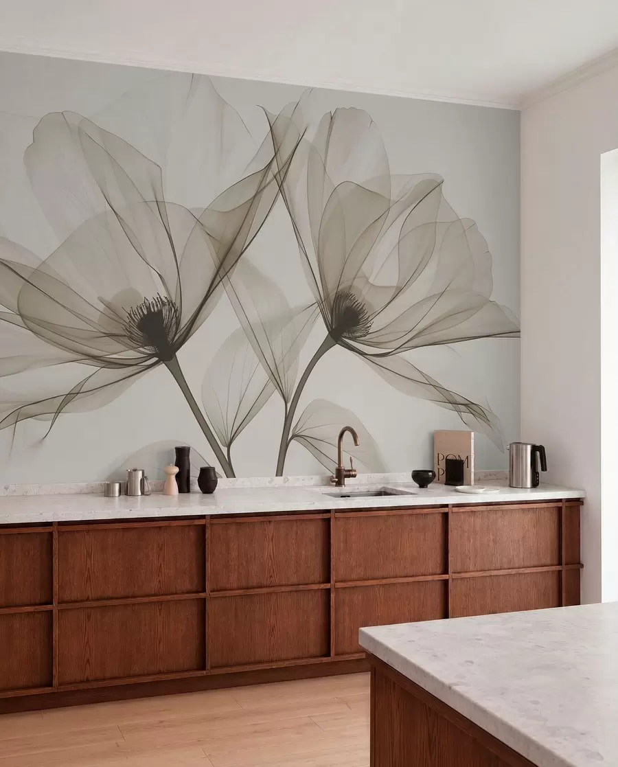 Fototapet Blå genomskinlig blomma i röntgenstil på vit bakgrund Minimalistisk monokrom botanisk design w01482v1