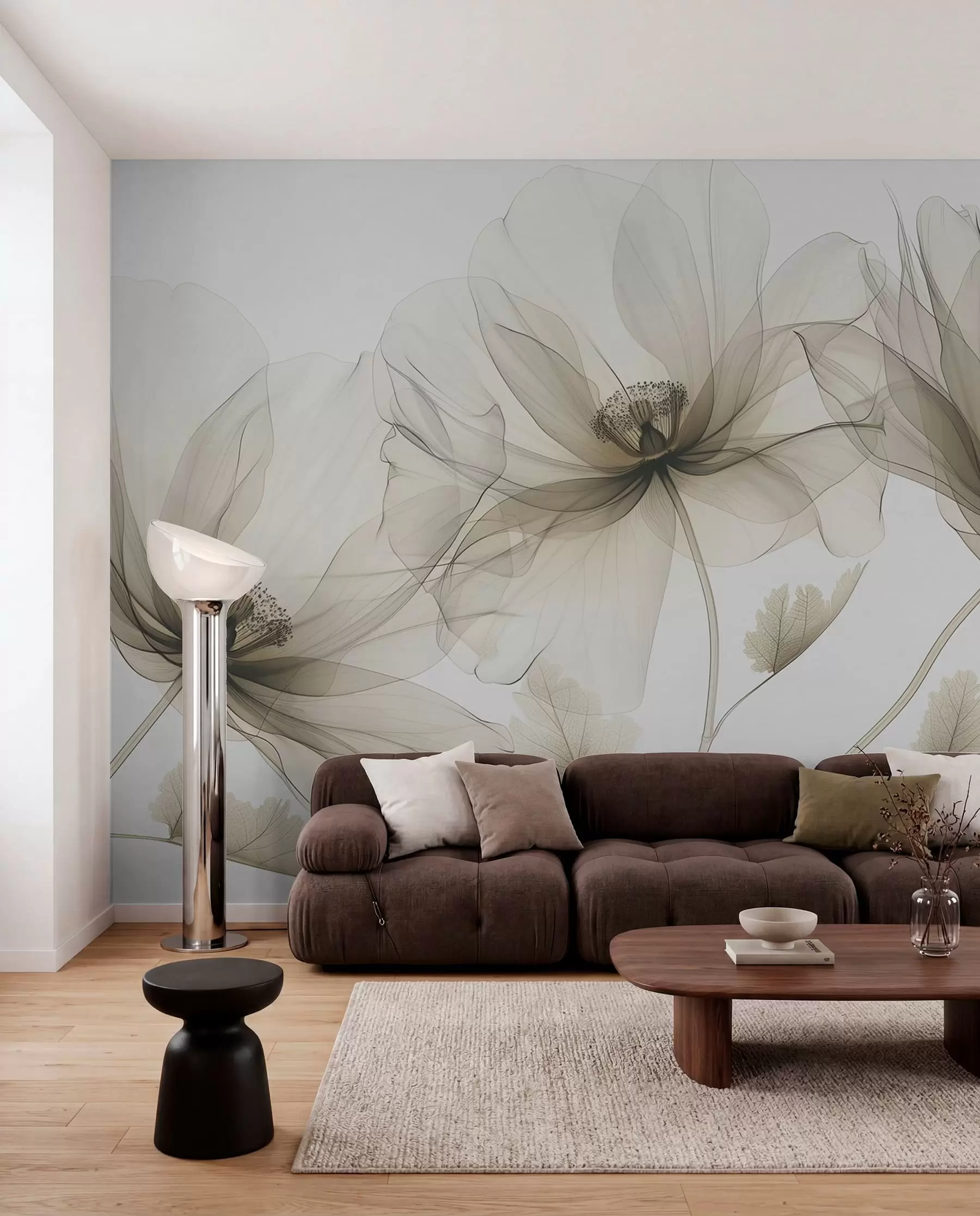 Fototapet Brun transparent blomma i röntgenstil på vit bakgrund Minimalistisk monokrom botanisk design w01482v2