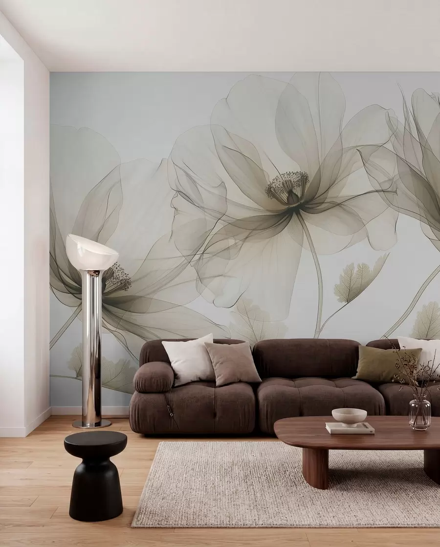 Fototapet Brun transparent blomma i röntgenstil på vit bakgrund Minimalistisk monokrom botanisk design w01482v2