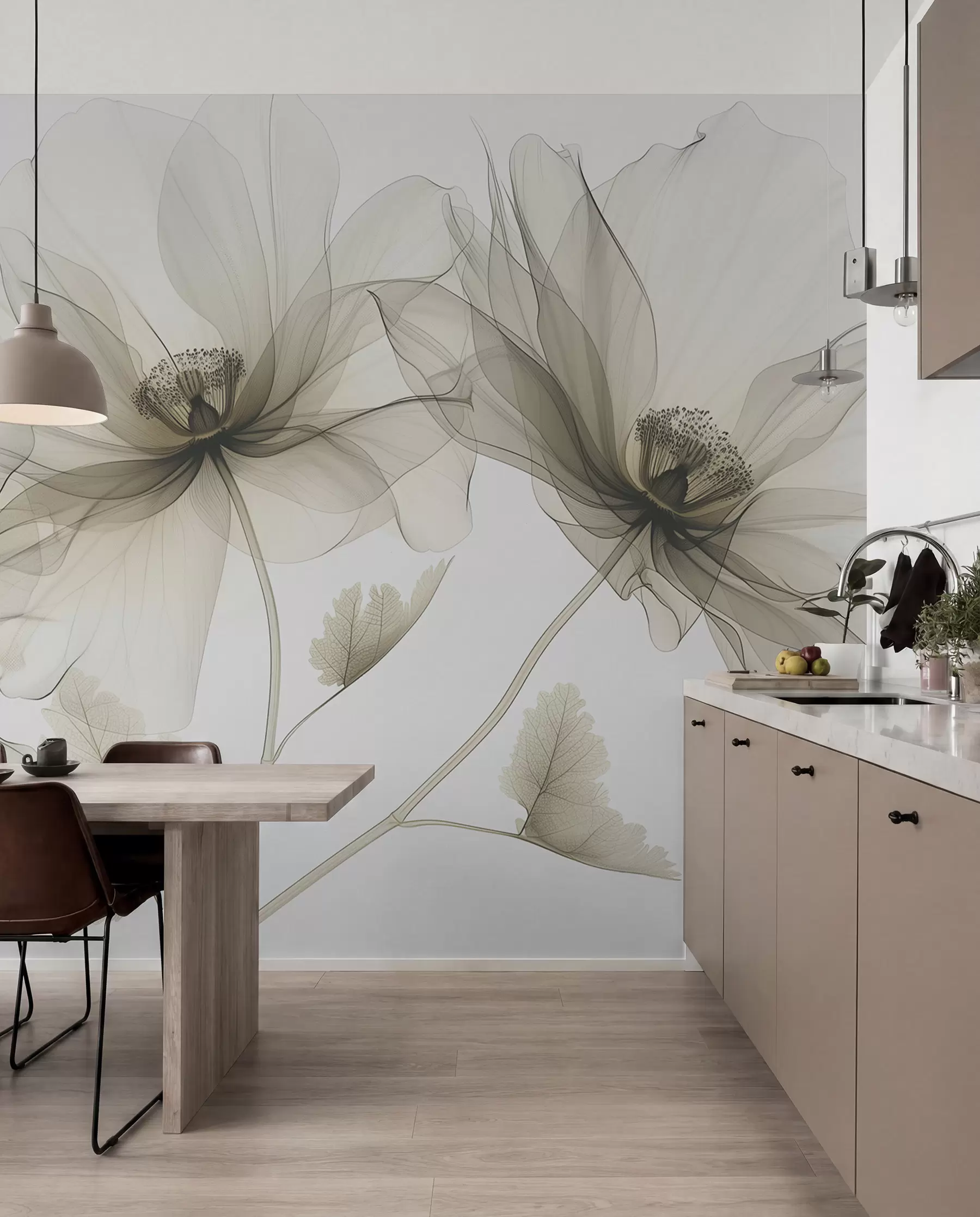 Fototapet Brun transparent blomma i röntgenstil på vit bakgrund Minimalistisk monokrom botanisk design w01482v2