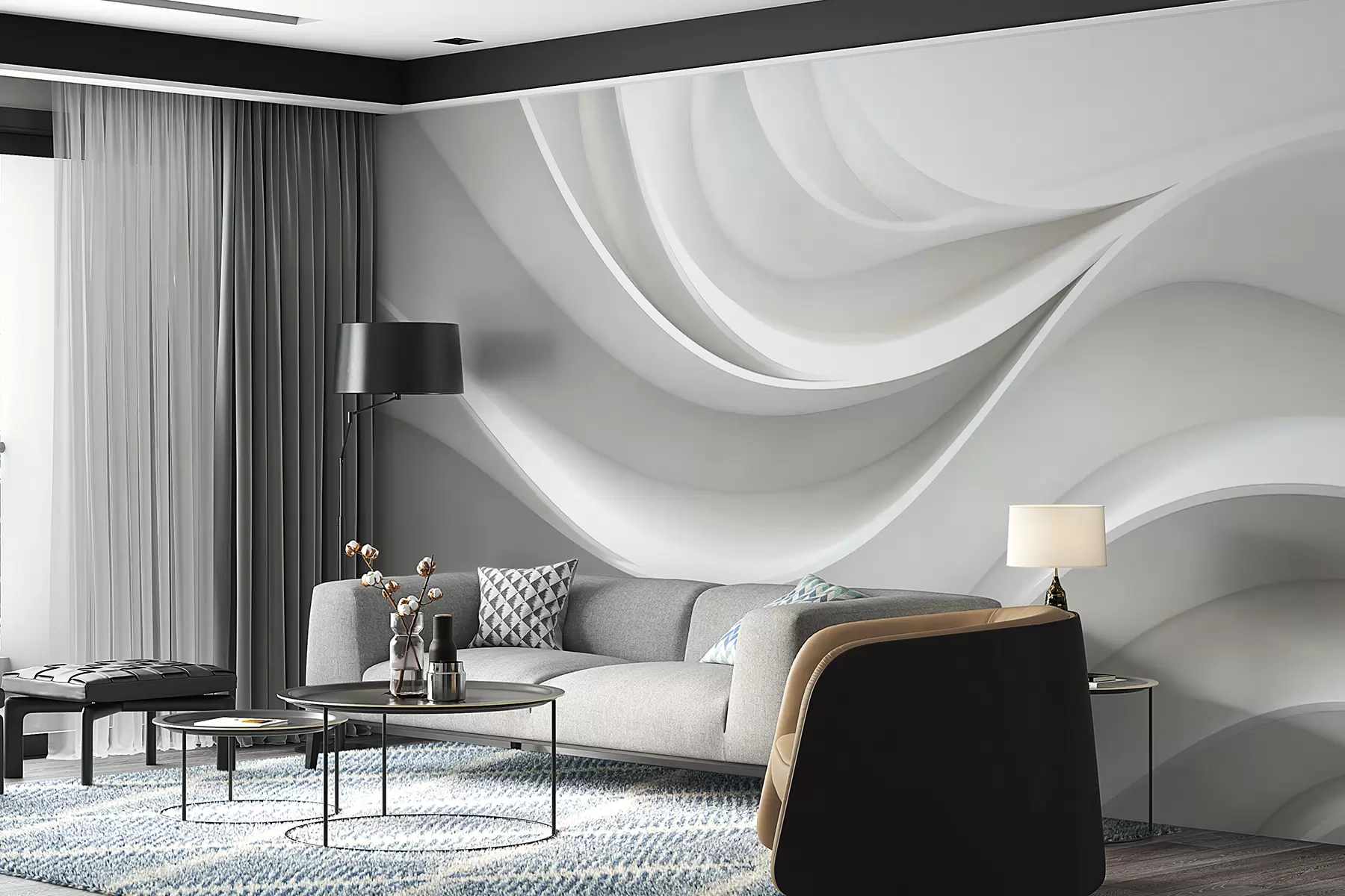 Fototapet Vit 3d volymetrisk abstrakt vågform w01471