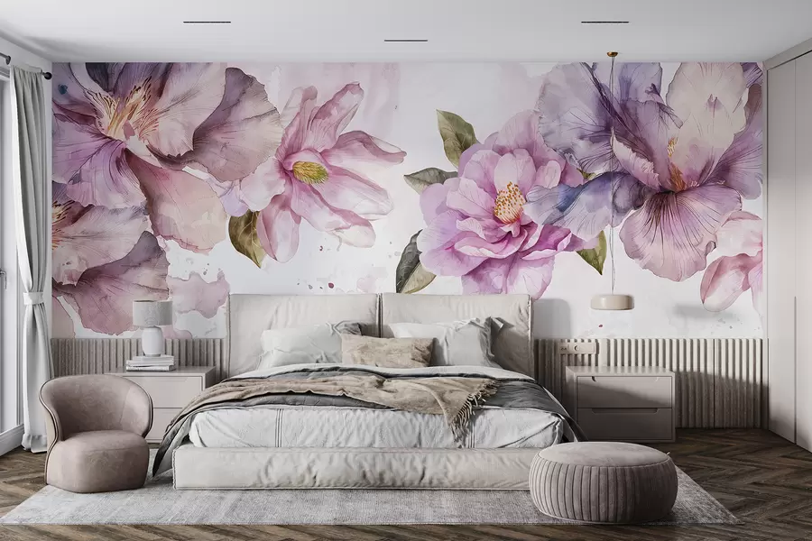 Fototapet Delikat rosa och lila akvarellblommor med mjuka kronblad och gröna blad mot en ljus bakgrund w08238