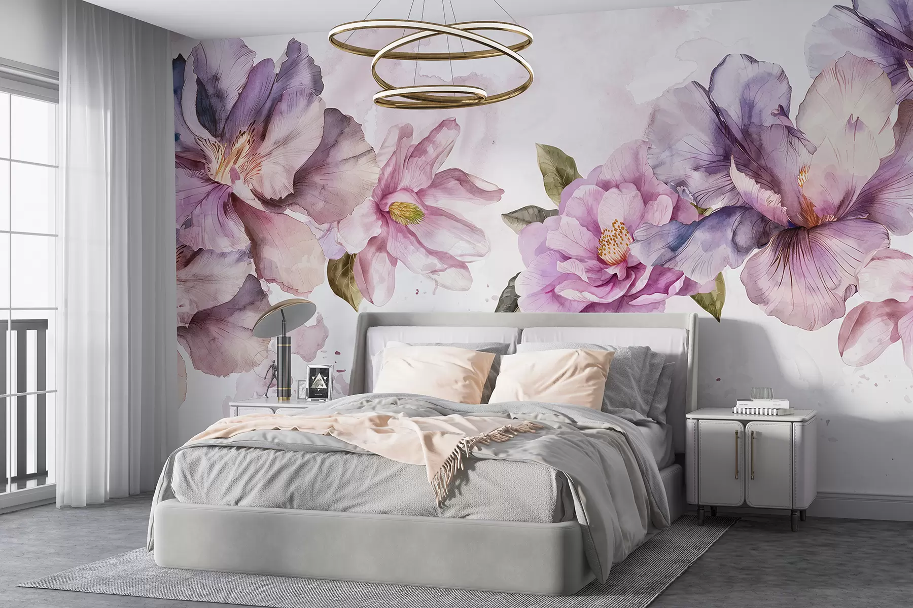 Fototapet Delikat rosa och lila akvarellblommor med mjuka kronblad och gröna blad mot en ljus bakgrund w08238