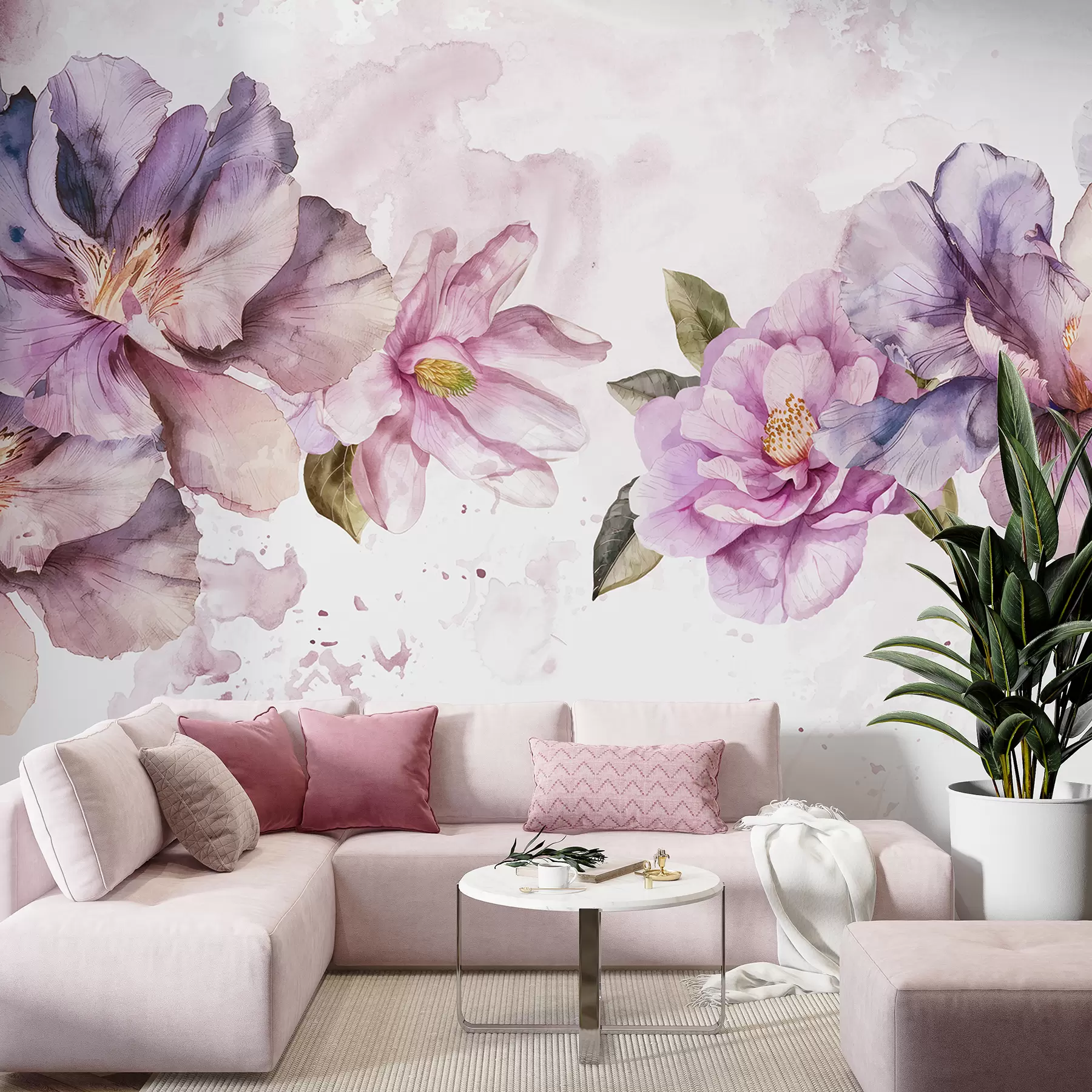 Fototapet Delikat rosa och lila akvarellblommor med mjuka kronblad och gröna blad mot en ljus bakgrund w08238