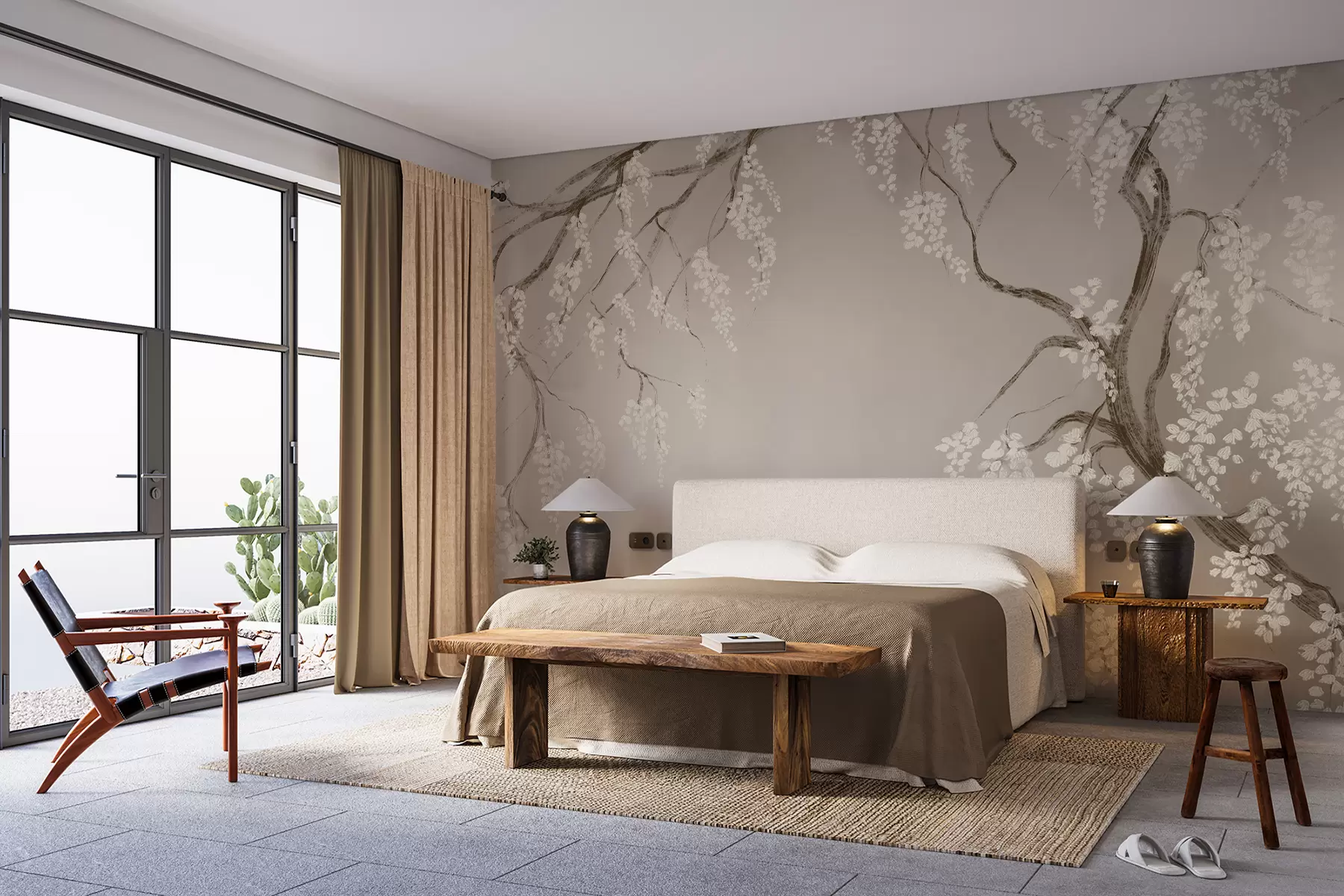 Fototapet Delikat vitt körsbärsträd med blommande blommor som blommar på grenar mot beige bakgrund w08243