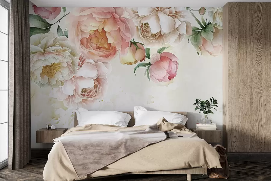 Fototapet Delikat rosa och vita pioner med frodiga gröna blad mot en ljus akvarellbakgrund w08248