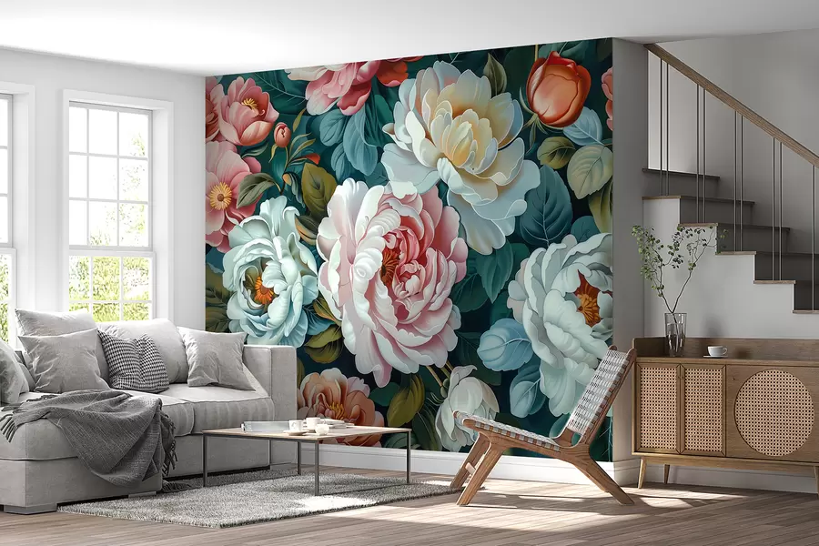 Fototapet Ljus bukett av stora frodiga pioner och blommande rosor w01495