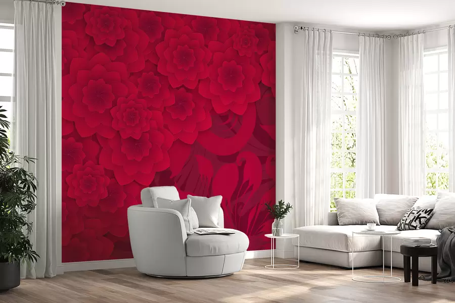 Fototapet vinröd tapet med stora blommor med imitation av volym på bakgrunden av ett prydnadsmönster w01051