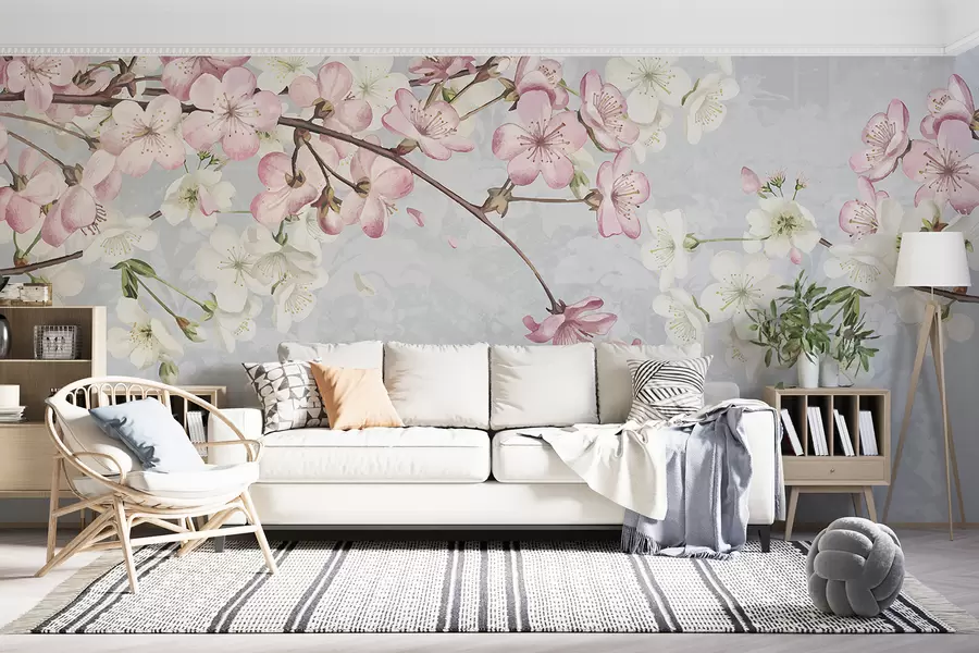 Fototapet Rosa och vita körsbärsblommor i full blom, med mjuka kronblad som faller mot en strukturerad blå bakgrund w08254
