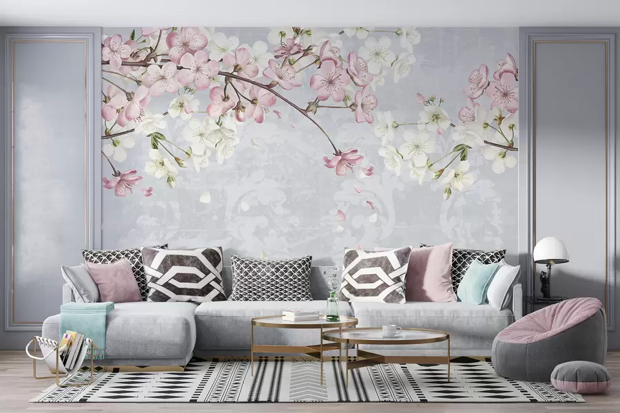 Fototapet Rosa och vita körsbärsblommor i full blom, med mjuka kronblad som faller mot en strukturerad blå bakgrund w08254