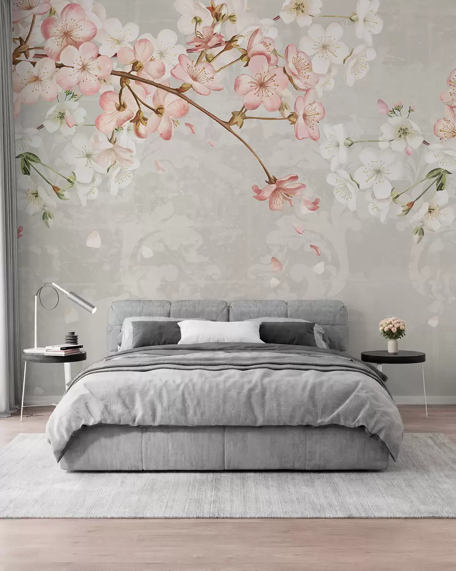 Fototapet Rosa och vita körsbärsblommor i full blom, med mjuka kronblad som faller mot en strukturerad beige bakgrund w08254v1