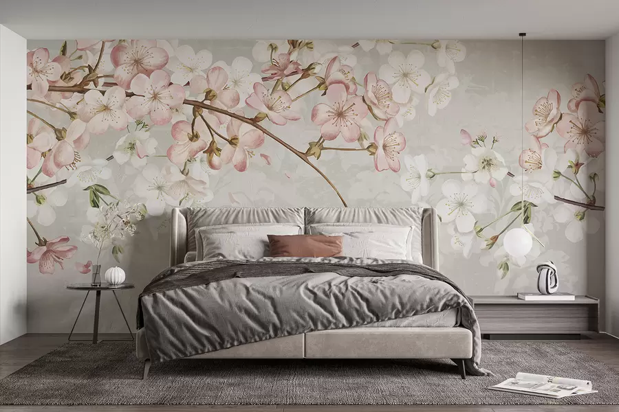 Fototapet Rosa och vita körsbärsblommor i full blom, med mjuka kronblad som faller mot en strukturerad beige bakgrund w08254v1