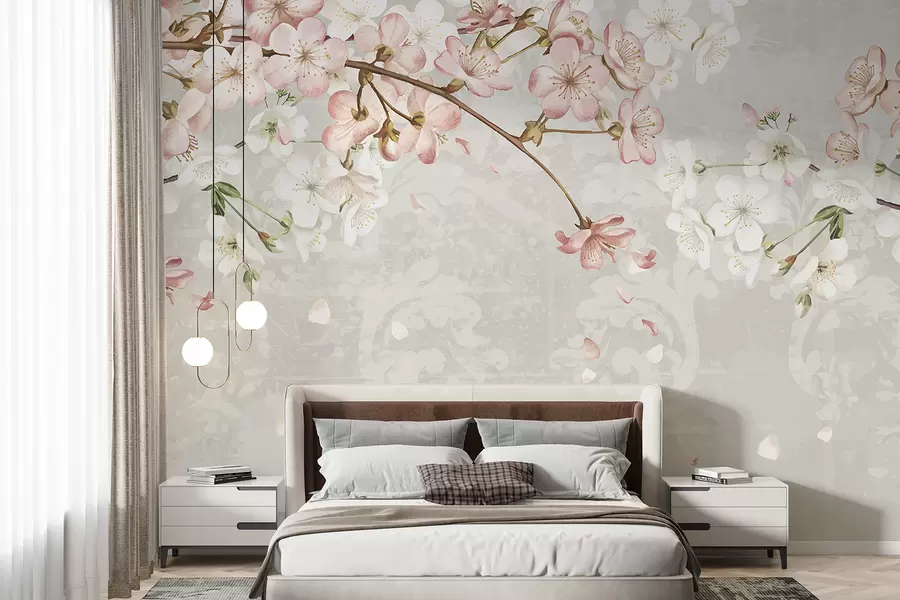 Fototapet Rosa och vita körsbärsblommor i full blom, med mjuka kronblad som faller mot en strukturerad beige bakgrund w08254v1