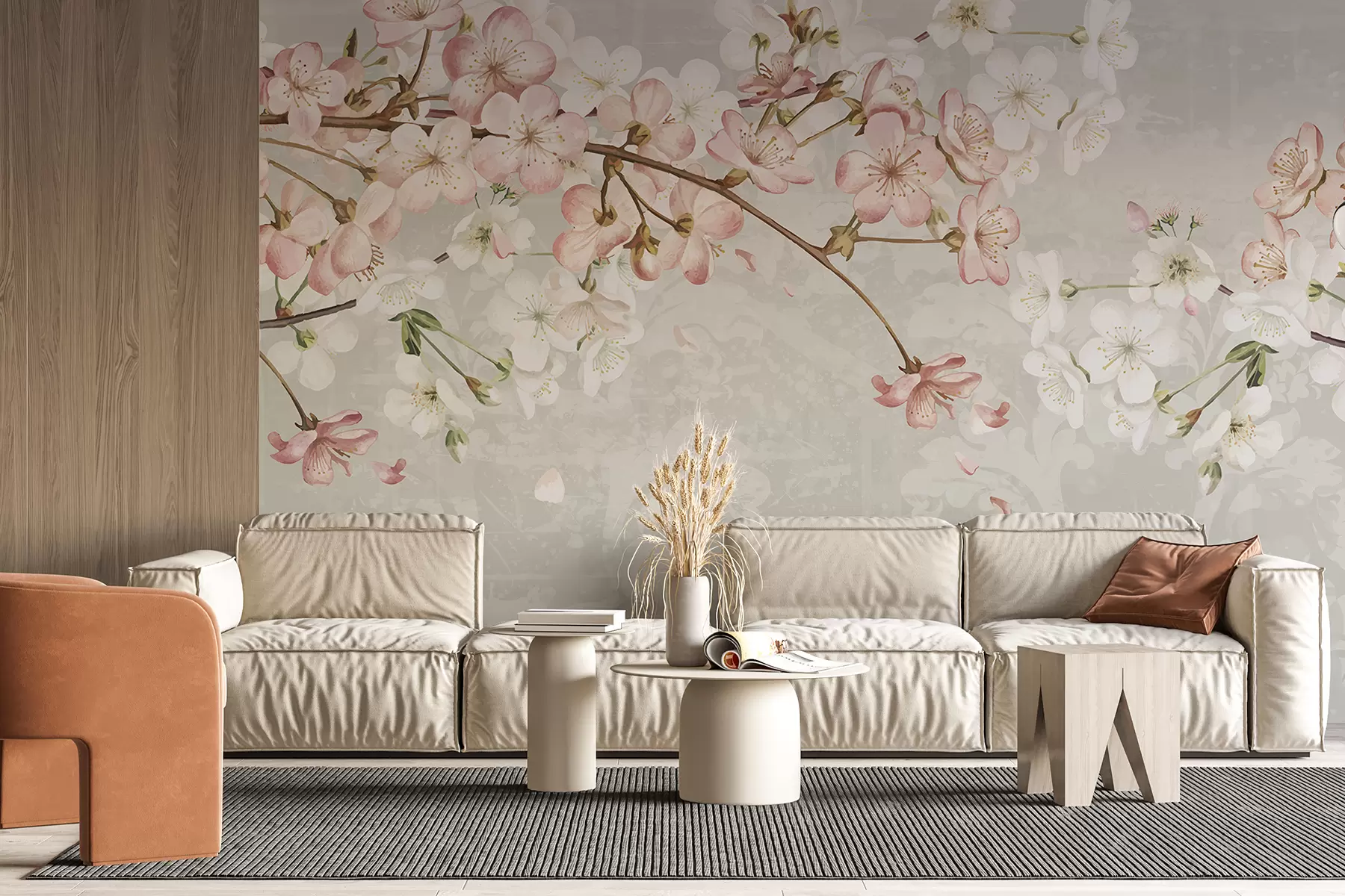 Fototapet Rosa och vita körsbärsblommor i full blom, med mjuka kronblad som faller mot en strukturerad beige bakgrund w08254v1