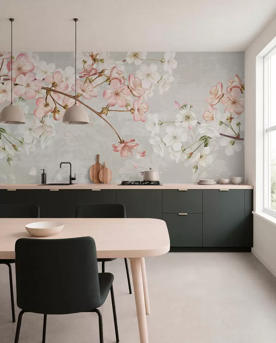Fototapet Rosa och vita körsbärsblommor i full blom, med mjuka kronblad som faller mot en strukturerad beige bakgrund w08254v1