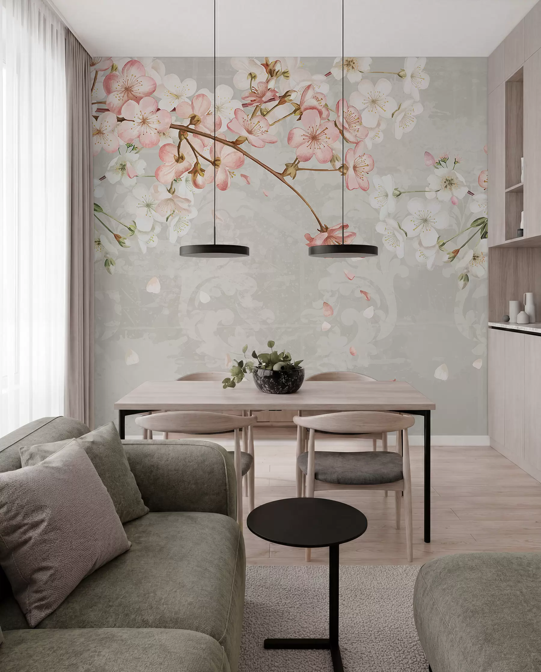 Fototapet Rosa och vita körsbärsblommor i full blom, med mjuka kronblad som faller mot en strukturerad beige bakgrund w08254v1