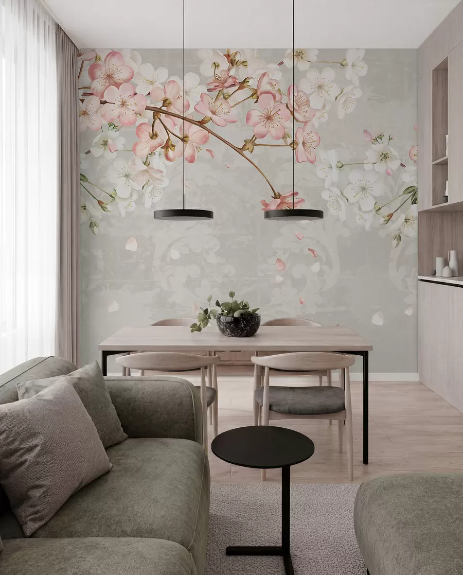 Fototapet Rosa och vita körsbärsblommor i full blom, med mjuka kronblad som faller mot en strukturerad beige bakgrund w08254v1